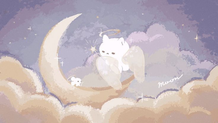 an angel cat sitting on the moon in the sky with stars and clouds around it