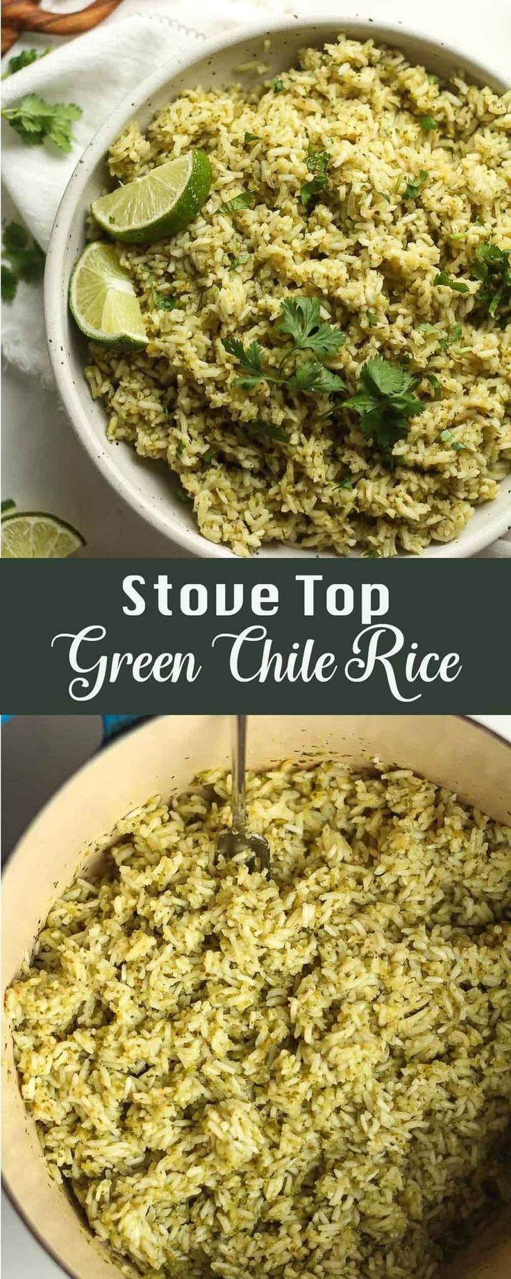 green chile rice in a pan with limes and cilantro on the side