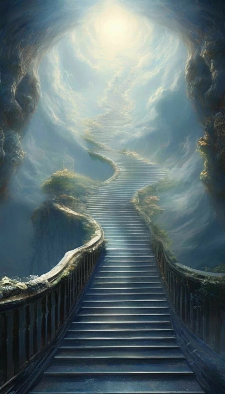 a stairway leading up to the sky with clouds