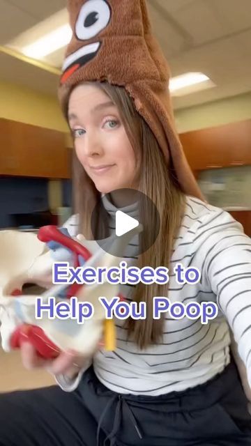 a girl in a hat is holding a bowl with food on it and the caption reads exercises to help you poop