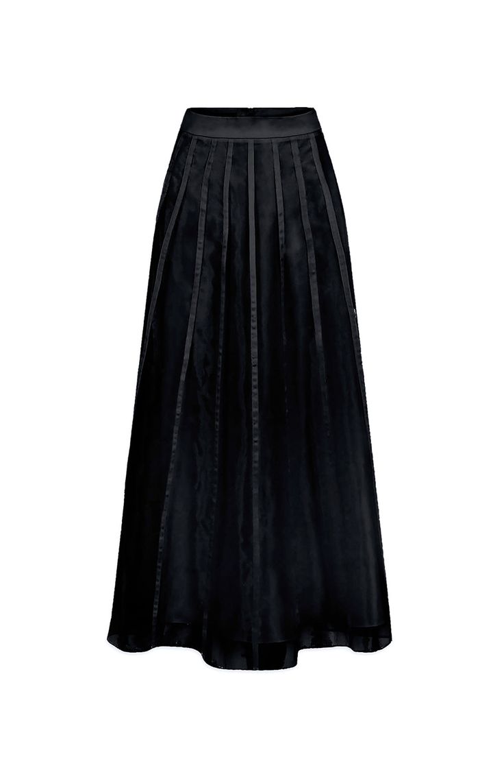 Indulge in luxury with our skirt. Made with high-quality organza, this skirt is both elegant and sophisticated. Its A-line shape and high waist provide a flattering silhouette, making it a must-have for any fashion-forward wardrobe. Elevate your style with this exclusive piece. Pleated A-line Maxi Skirt For Evening, Black A-line Voluminous Skirt, Silk A-line Bottoms For Formal Occasions, Evening Pleated A-line Skirt, Formal A-line Silk Bottoms, Silk A-line Pleated Skirt, Evening A-line Pleated Skirt With Lining, Chic A-line Lined Maxi Skirt, Elegant A-line Pleated Skirt For Cocktail