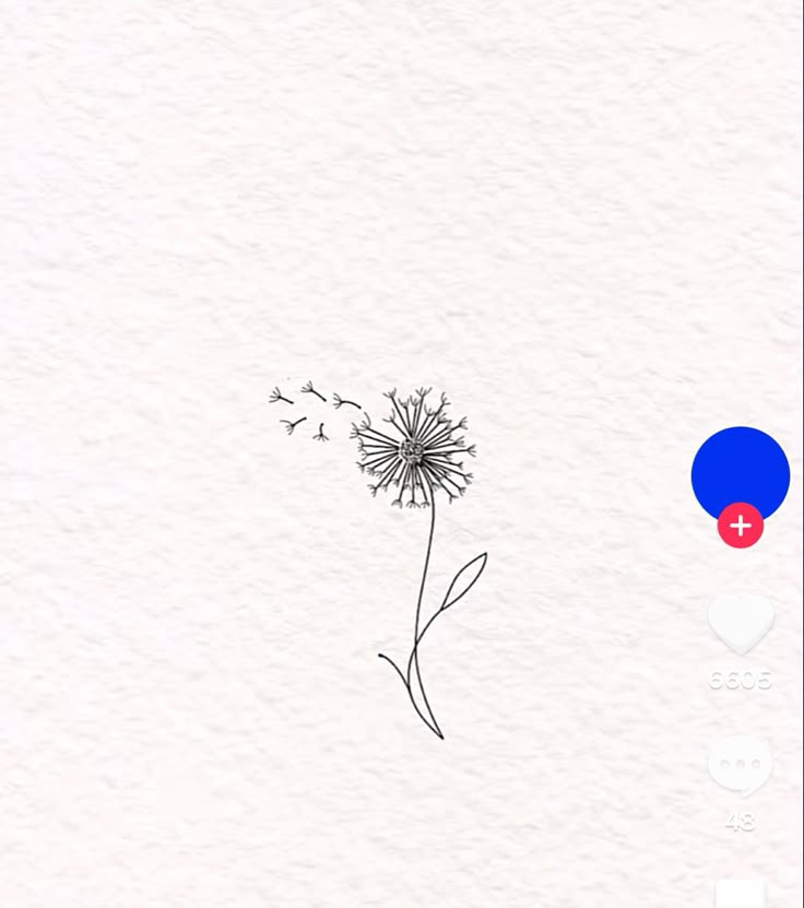 a drawing of a dandelion blowing in the wind with blue and red circles around it