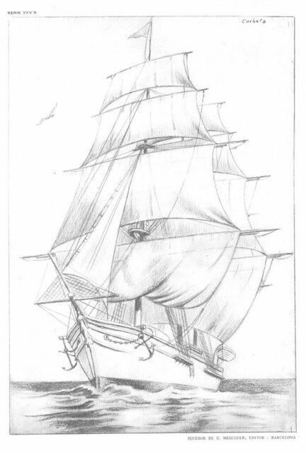 a drawing of a sailboat in the ocean with sails down and two masts