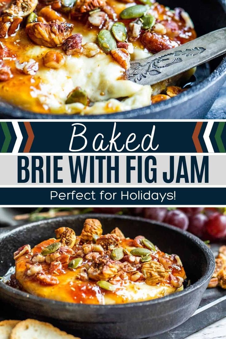 baked brie with fig jam in a cast iron skillet