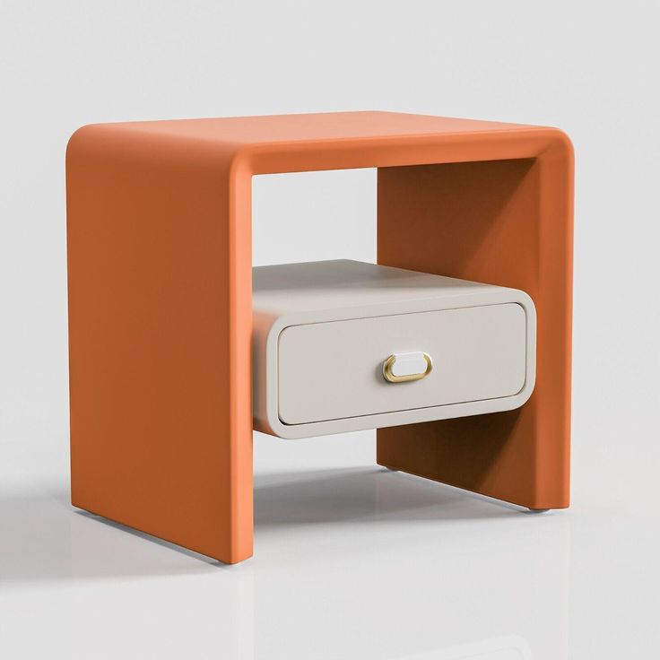 an orange and white side table with two drawers on each side, one drawer open