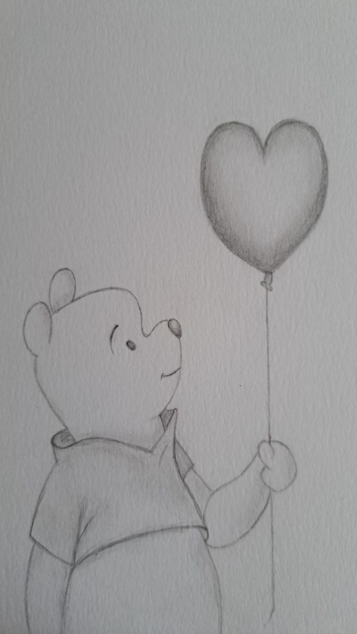 a drawing of a bear holding a heart shaped balloon