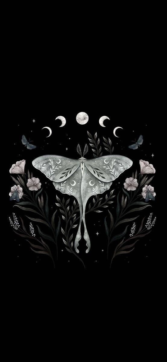 a white moth sitting on top of a black background with flowers and crescents around it