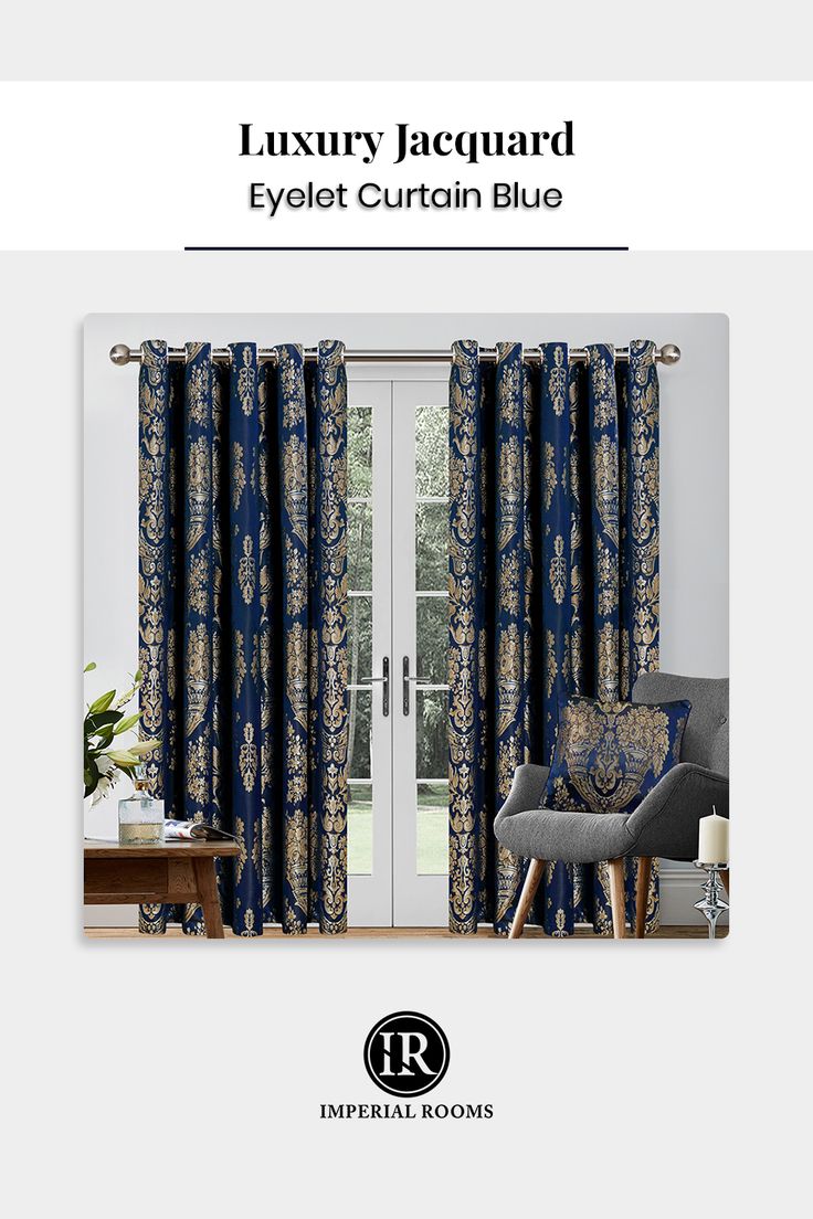 luxury jacquard eyelet curtain blue in front of a chair and window