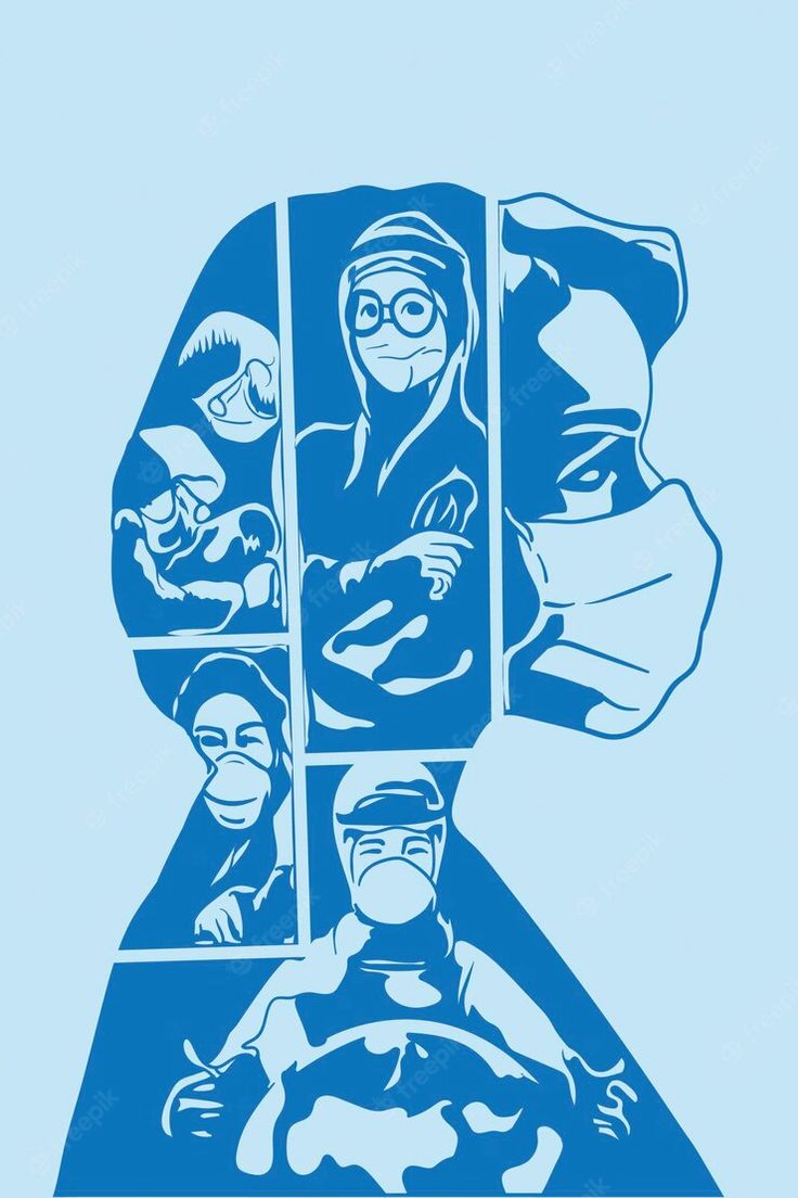 a blue poster with images of people in the middle and one person holding a baby