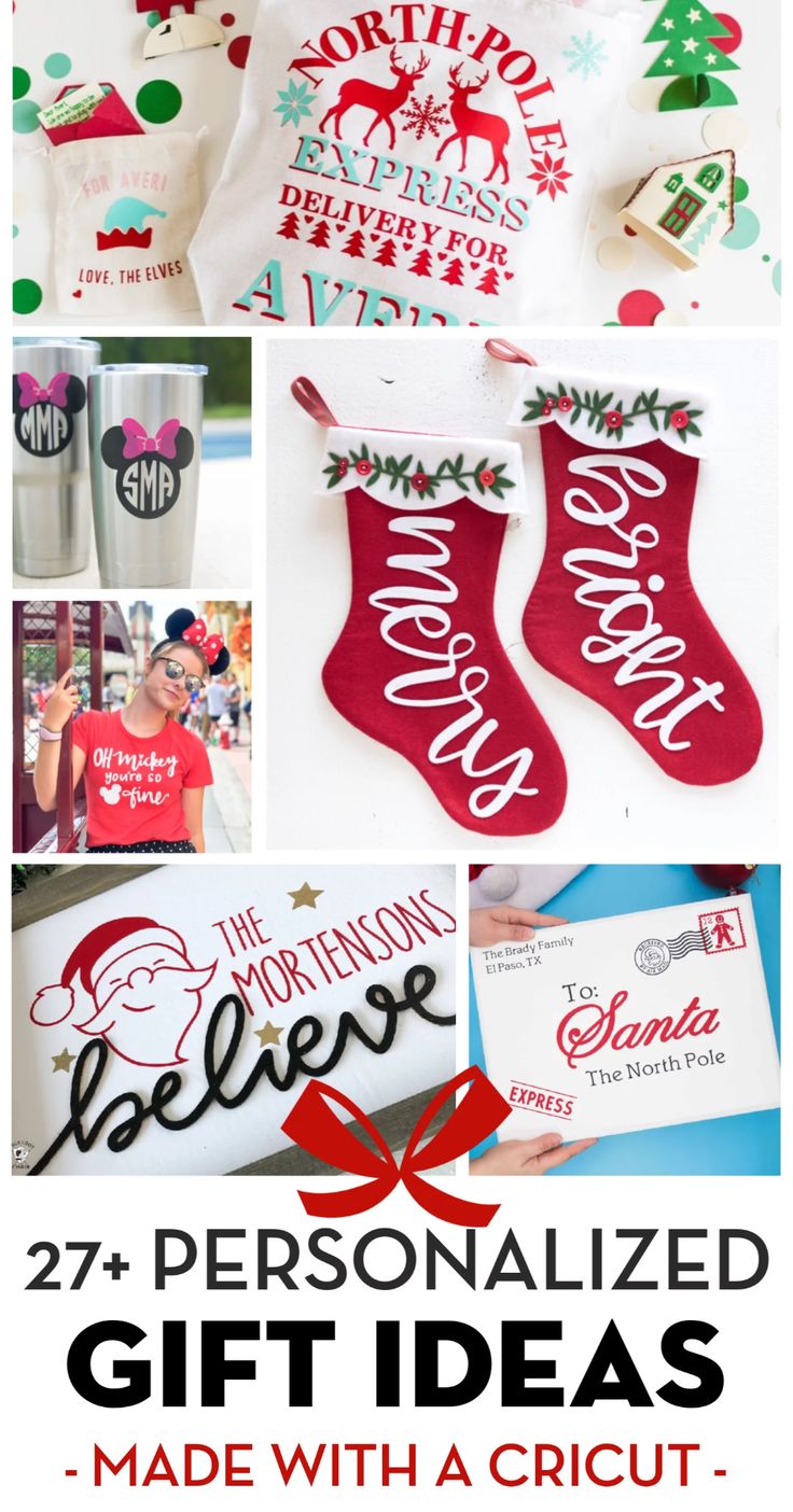 christmas stocking, stockings and other holiday decorations with text overlay that reads 27 personalized gift ideas made with a cricut