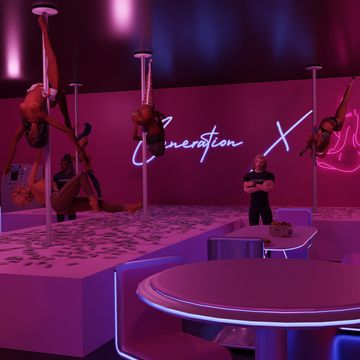 a room filled with pink furniture and neon signs on the wall above it is a purple table