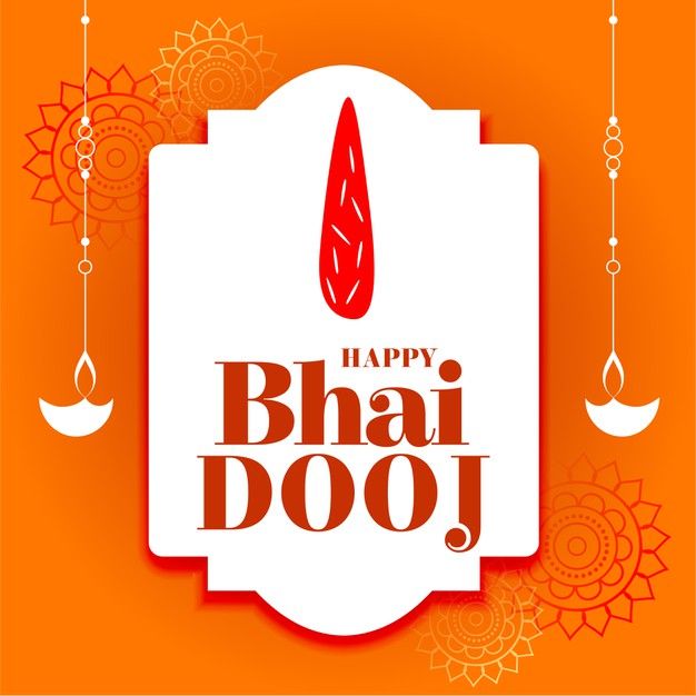 happy bhaji dooj day greeting card with hanging candles and flowers on an orange background