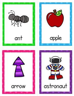 four different pictures with the words ant, apple, and astronaut on them in bright colors