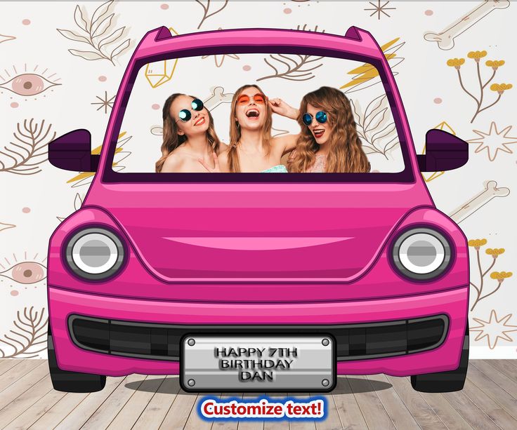 three women are in the back of a pink car