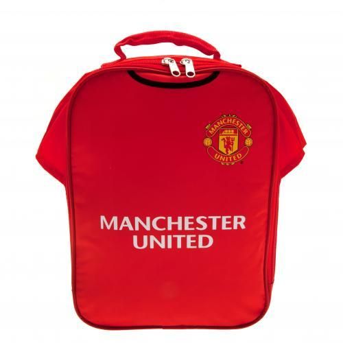 a red lunch bag with manchester united on it