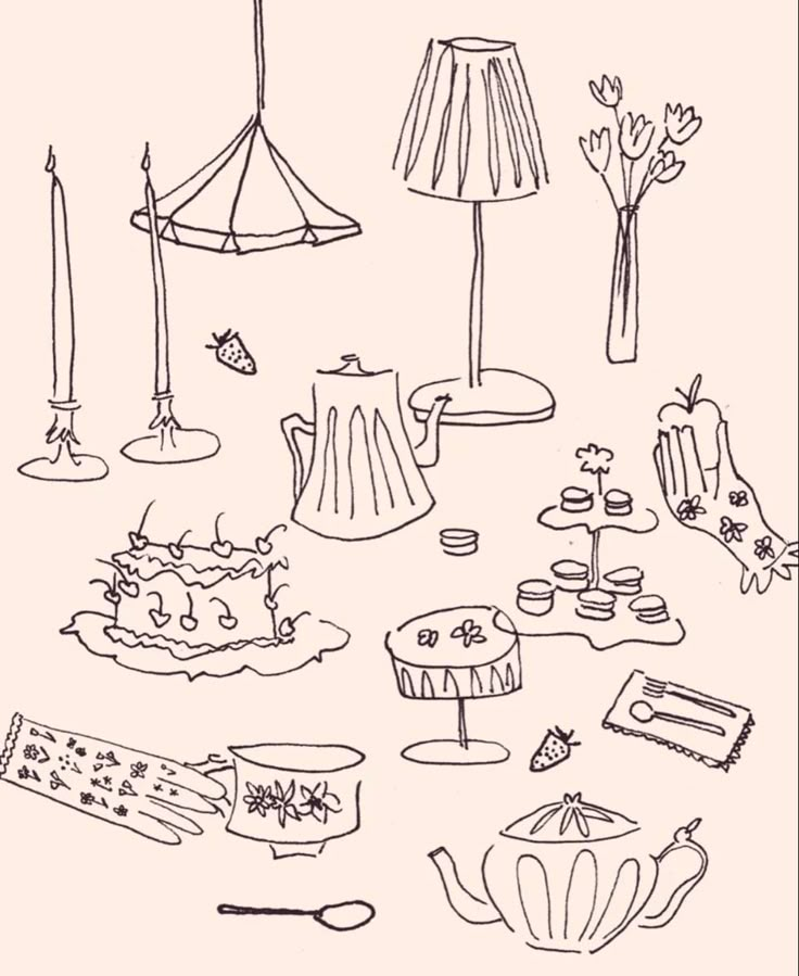 a black and white drawing of various items on a table with an umbrella in the background