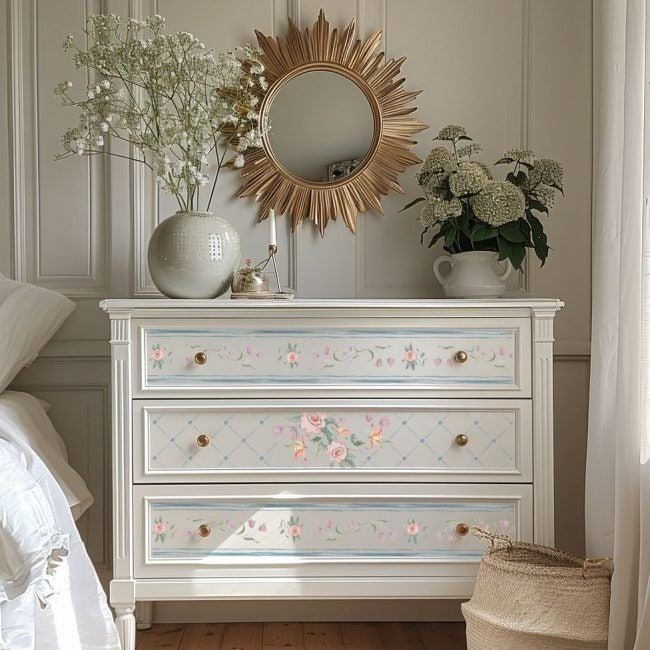 a white dresser sitting next to a bed with flowers on it and a mirror above it