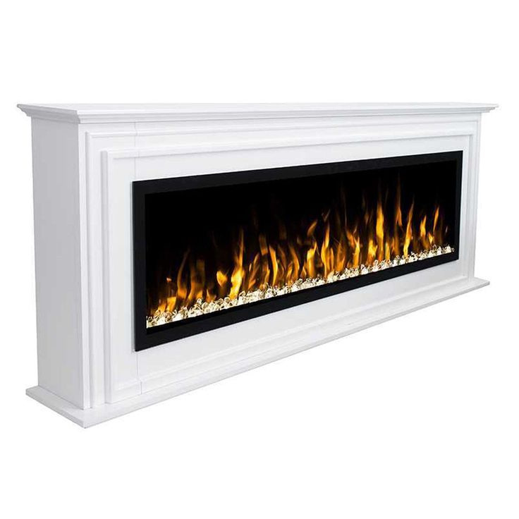 a white wall mounted fireplace with bright flames