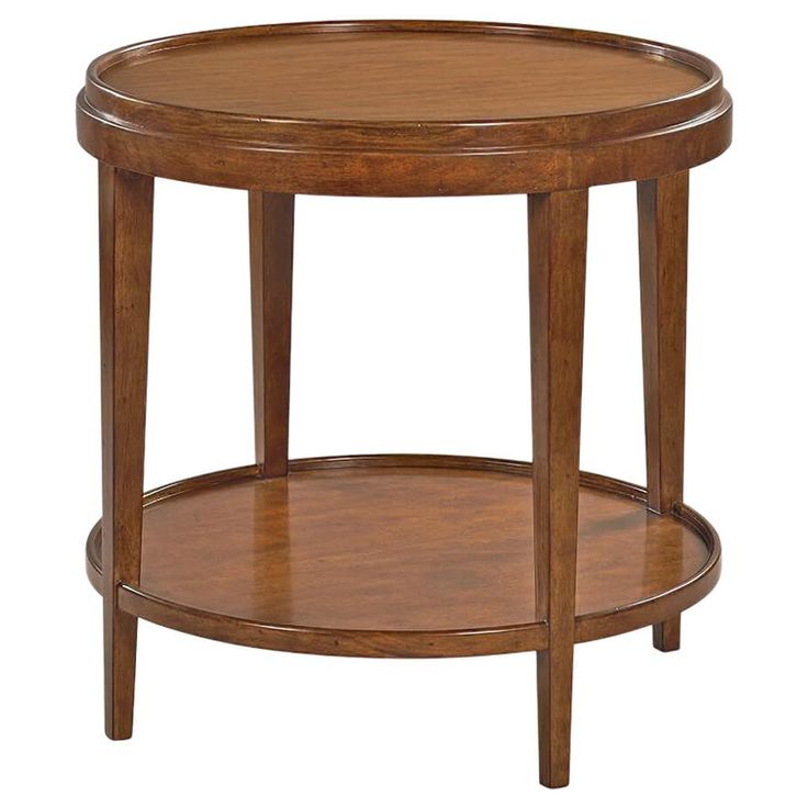 a round wooden table with two shelves on each side and one shelf below the top