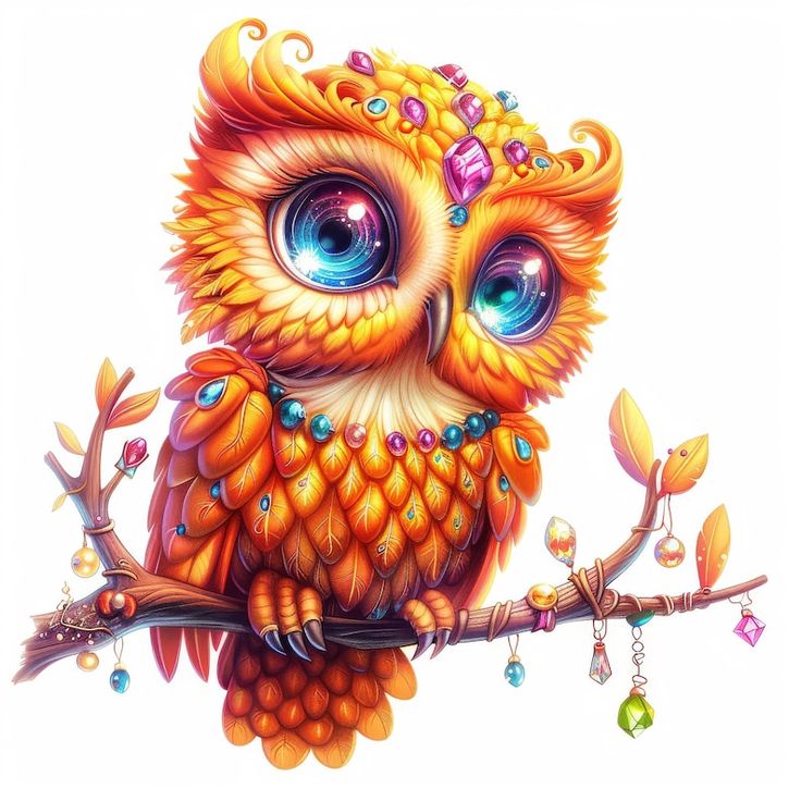 an orange owl sitting on top of a tree branch with jewels in its beak and eyes