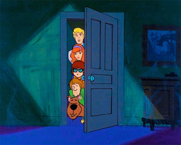 cartoon characters peeking out from an open door