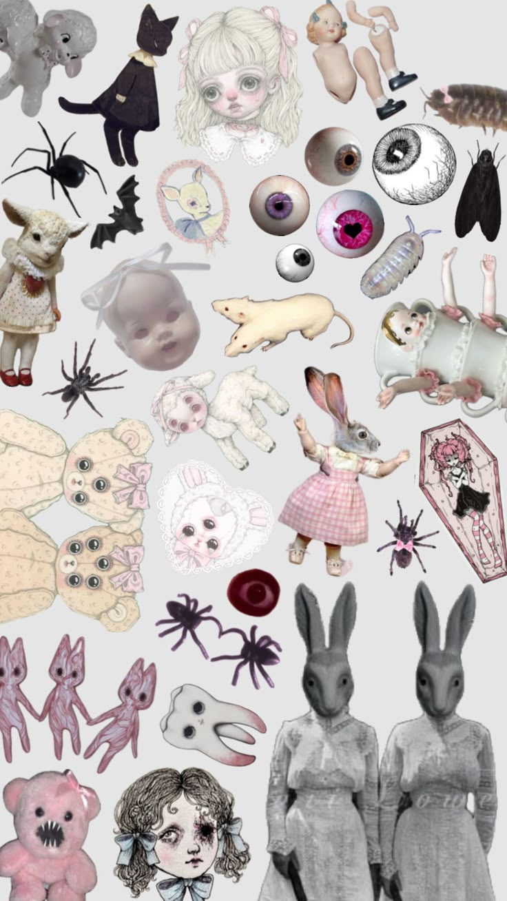 an image of some animals and dolls on a white background