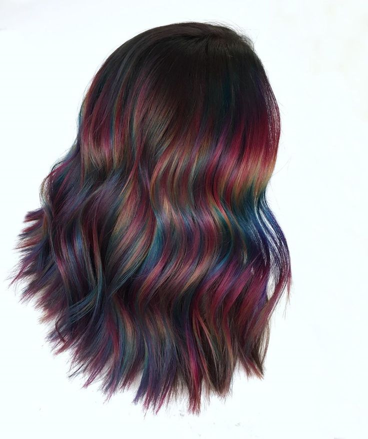 Oil Slick Underneath Hair, Dark Brown Rainbow Hair, Oil Slick Balayage, Dark Brown Hair With Rainbow Highlights, Brown Oil Slick Hair, Rainbow Highlights In Brown Hair, Brown Hair Colored Tips, Dark Hair Peekaboo Color, Hidden Rainbow Hair Brown