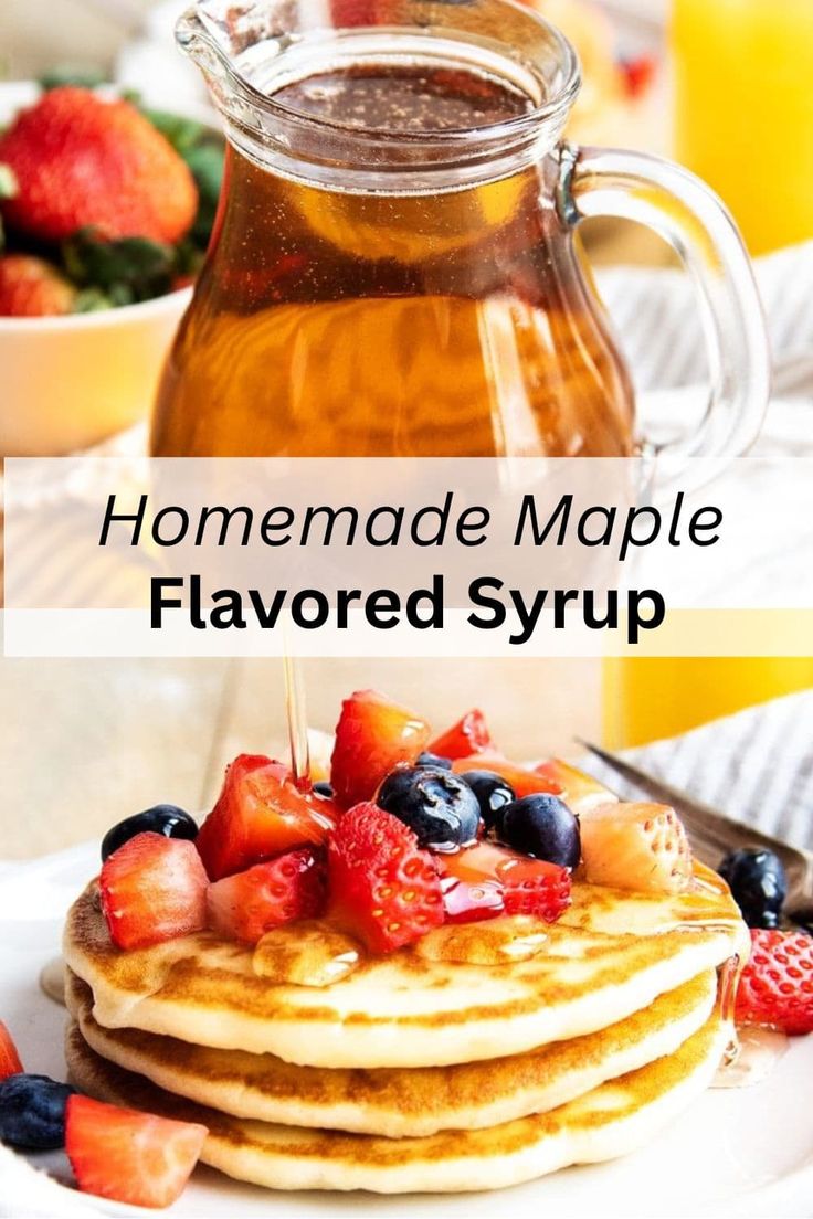 homemade maple flavored syrup in a glass pitcher and stack of pancakes on a plate