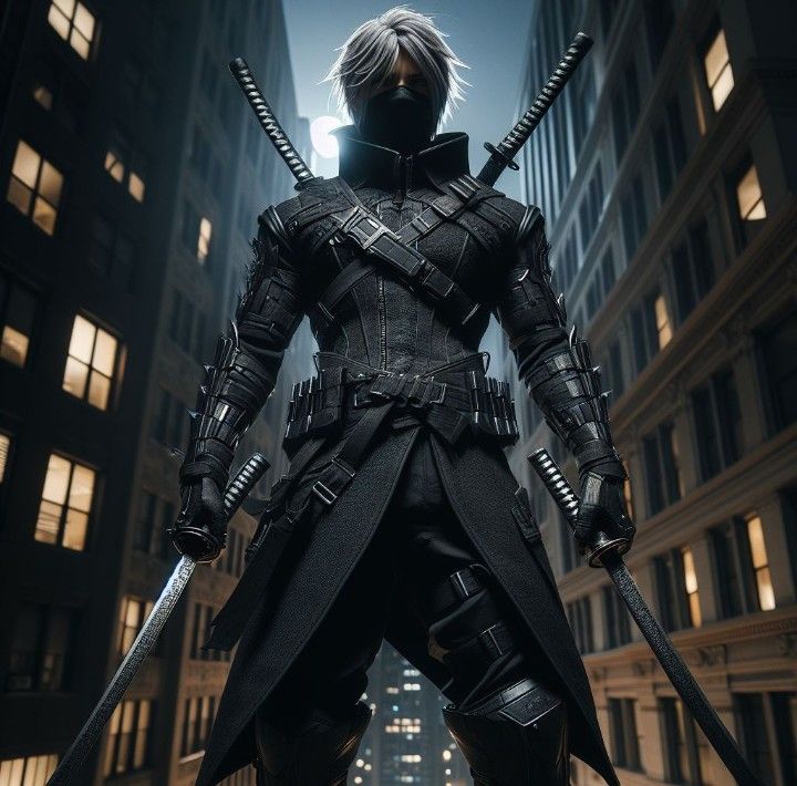 an action figure is standing in the middle of a city at night with two swords