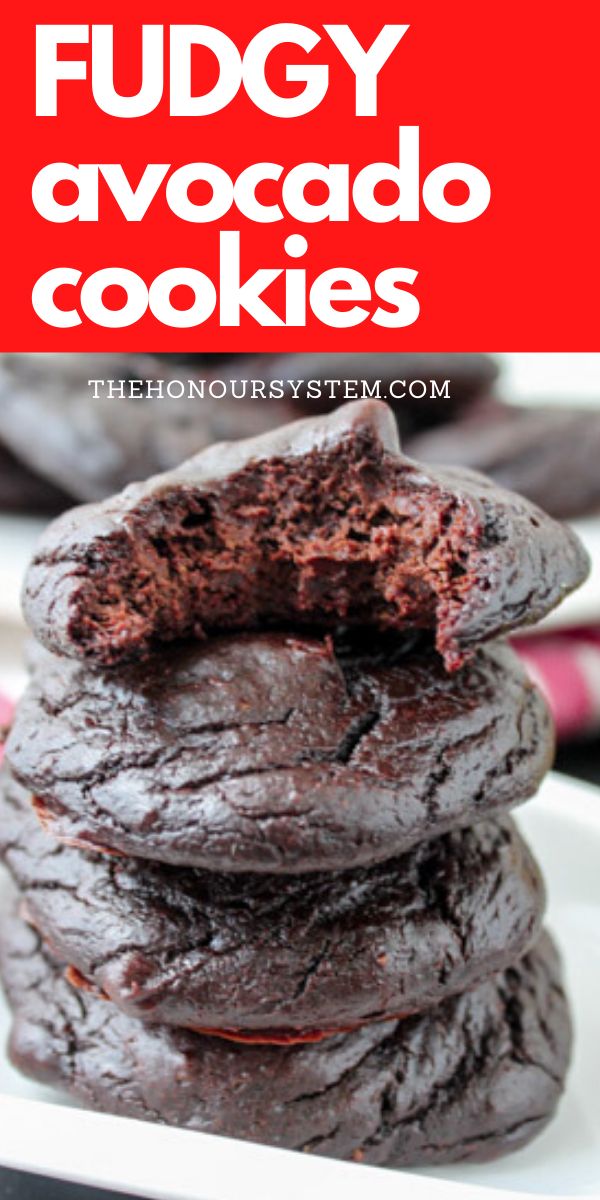 chocolate fudgey avocado cookies stacked on top of each other with text overlay