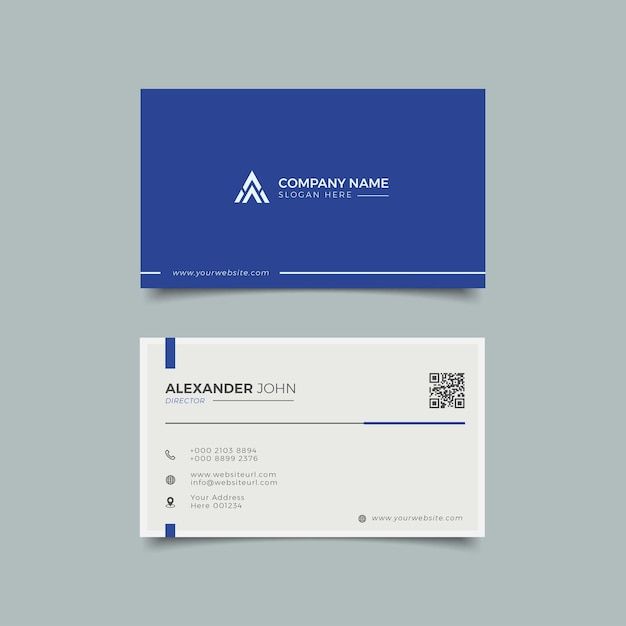 a blue and white business card