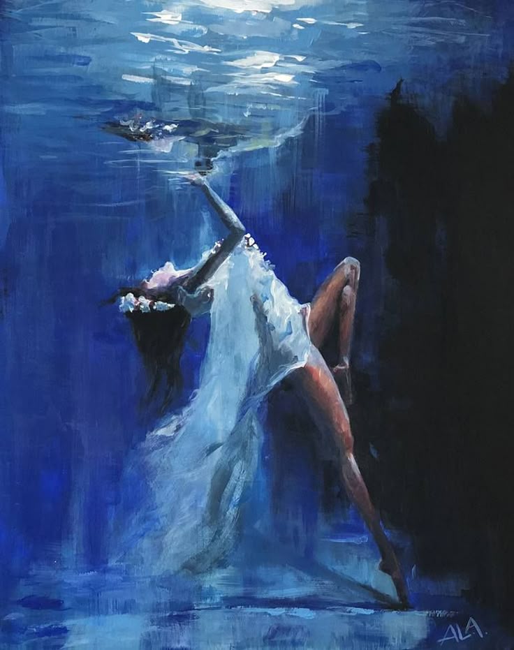 a painting of a woman floating in the water with her arms stretched out and legs spread wide