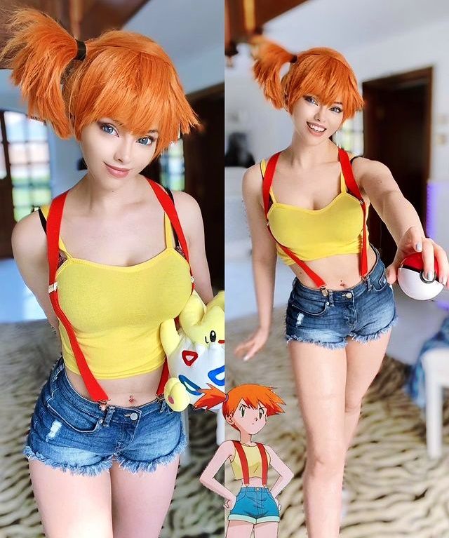 two pictures of the same woman with red hair and short shorts, one in yellow top