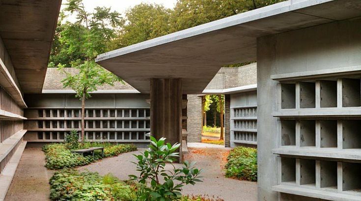 an outdoor courtyard with plants and trees in the foreground, surrounded by concrete buildings