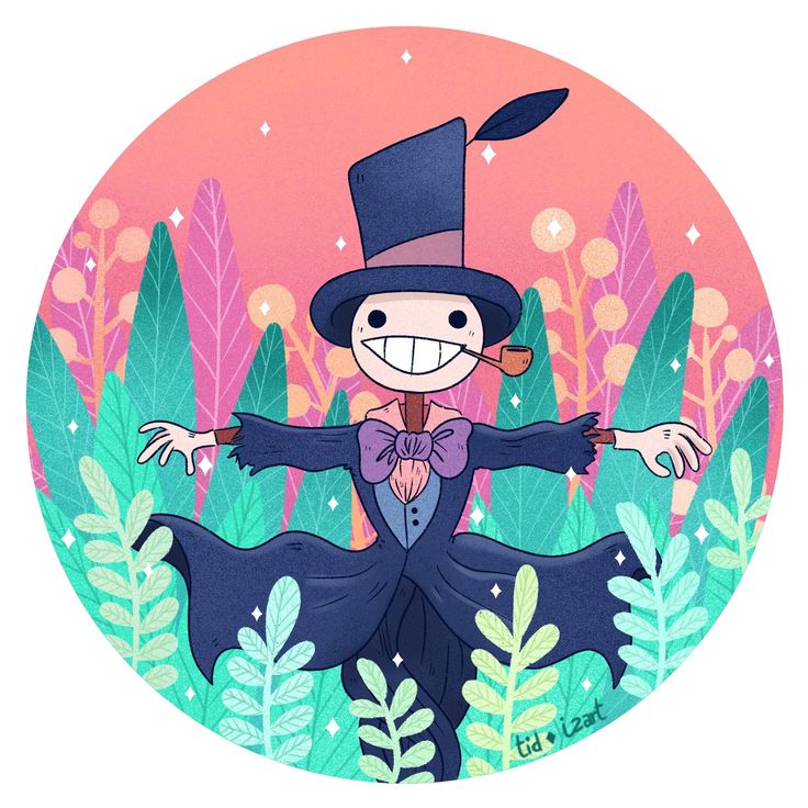 a drawing of a man in a top hat and dress with his arms out, standing in front of plants