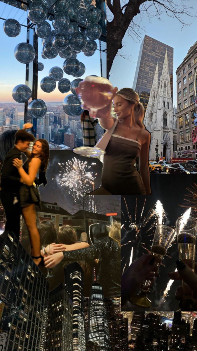 the collage shows people and fireworks in the city