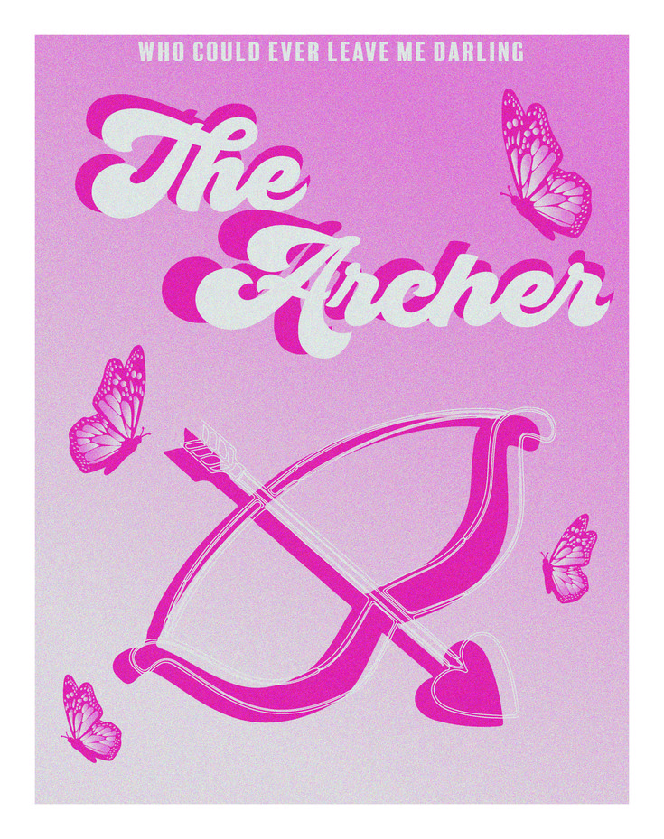 a pink poster with the words the archer on it and some butterflies flying over it