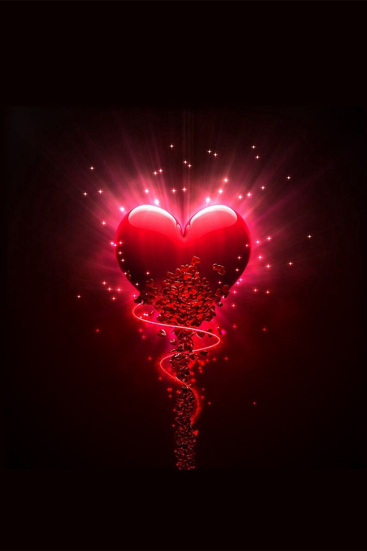 a red heart with a spiral in the middle and stars around it on a black background