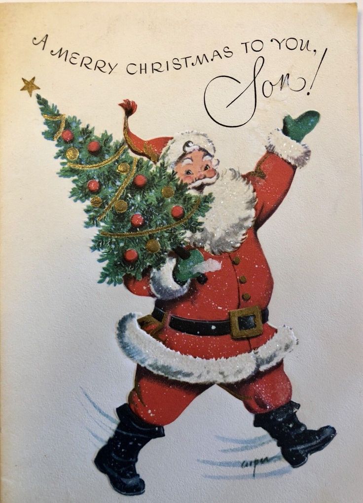 an old fashioned christmas card with santa carrying a tree