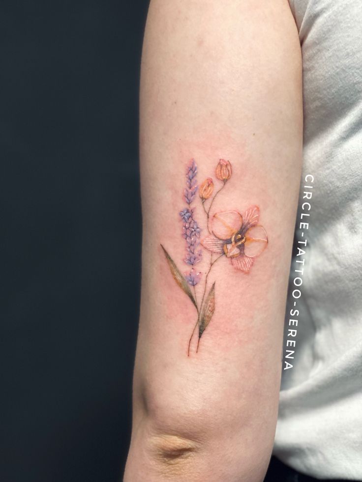 Orchid Tattoo Lavender Colortattoo Lavender And Orchid Tattoo, Lavender Orchid Tattoo, Cute Orchid Tattoo, Color Orchid Tattoo, Cooktown Orchid Tattoo, Orchid Tattoo Color, Pastel Flower Tattoo, Sick Tattoos, Lilac Tattoo