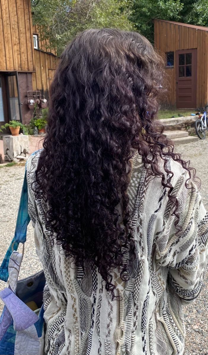 Dark Purple On Curly Hair, Dyed Streaks In Hair Curly, Purple Highlights In Curly Hair, Dyed Dark Curly Hair, Very Dark Purple Hair, Dark Purple On Brown Hair, Plum Purple Curly Hair, Black Dyed Curly Hair, Deep Purple Curly Hair