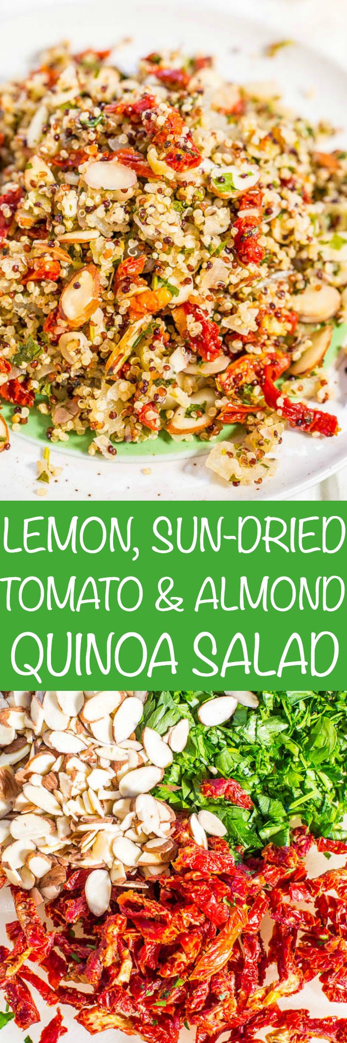 lemon, sun dried tomato and almond quinoa salad on a white platter