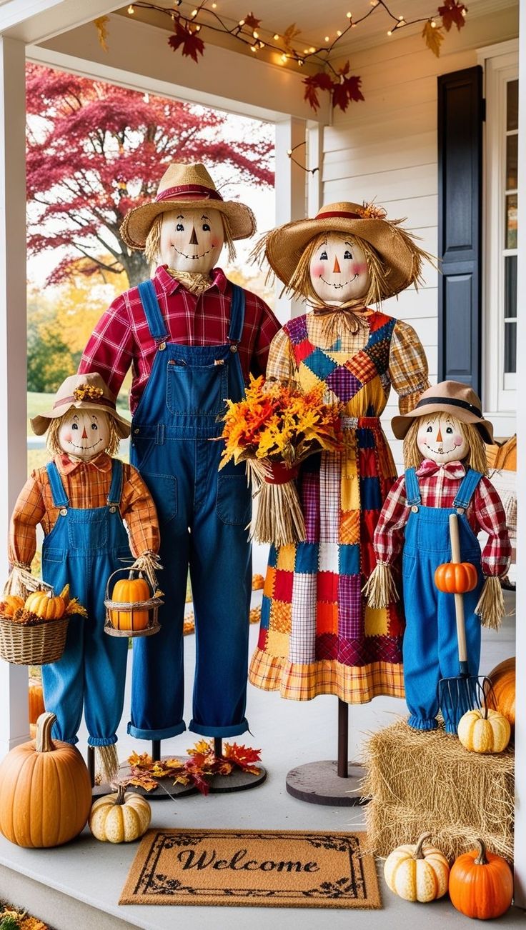 three scarecrows are standing on the front porch with pumpkins and gourds