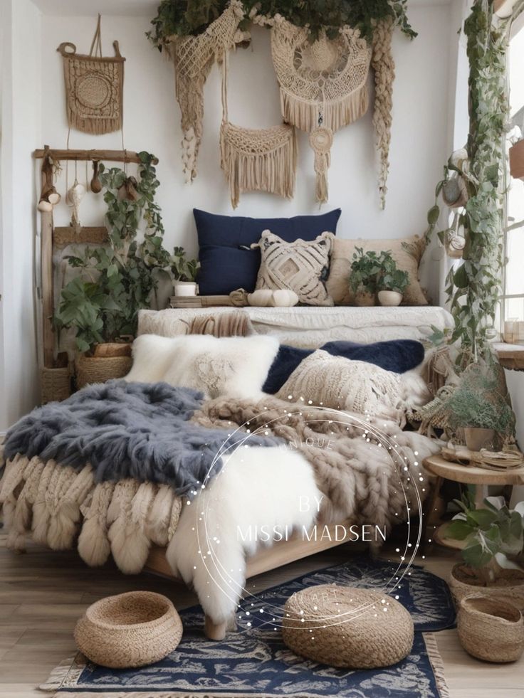 a bedroom with lots of pillows and blankets on the bed, rugs hanging from the ceiling