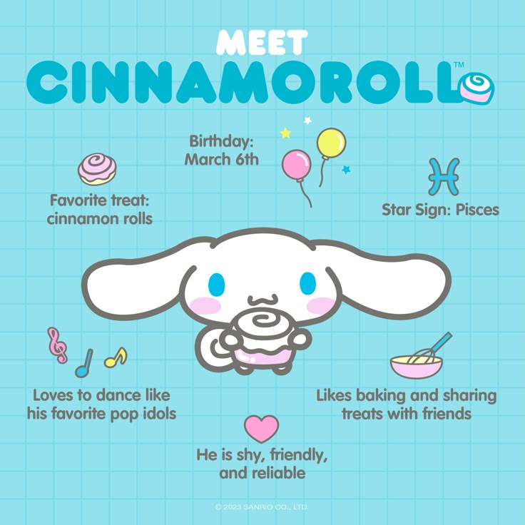 a cartoon bunny with the words meet cinnamoroll on it