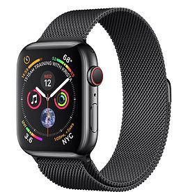 the apple watch series 4 is shown in black and has an adjustable loop on it