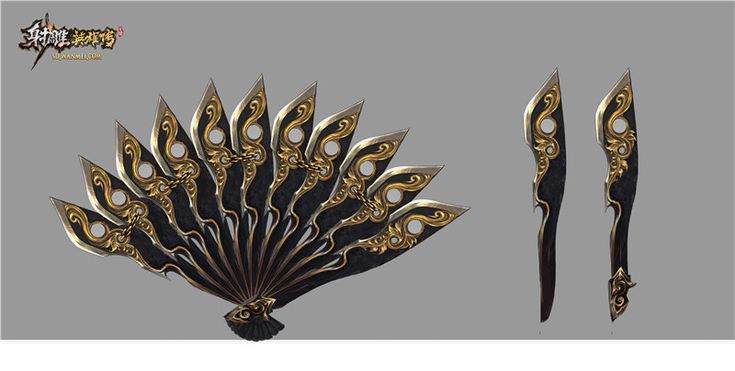 an elaborately designed fan and other items from the video game final fantasy, with gold accents