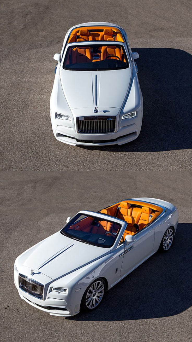 two white rolls royces are parked in the parking lot, one is full of orange seats