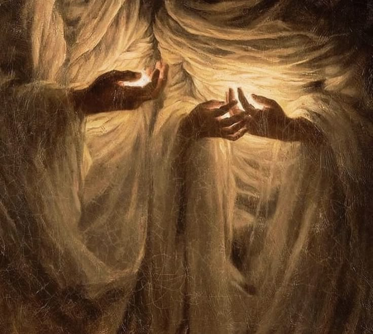 a painting of two hands reaching out to the light coming from behind them on a dark background