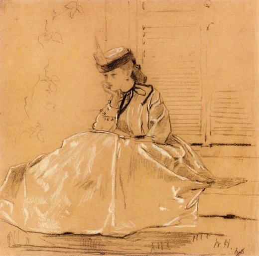 a drawing of a woman sitting on the ground